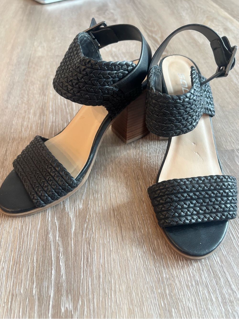 Soda Black Woven Double-Strap Block Heel Sandals